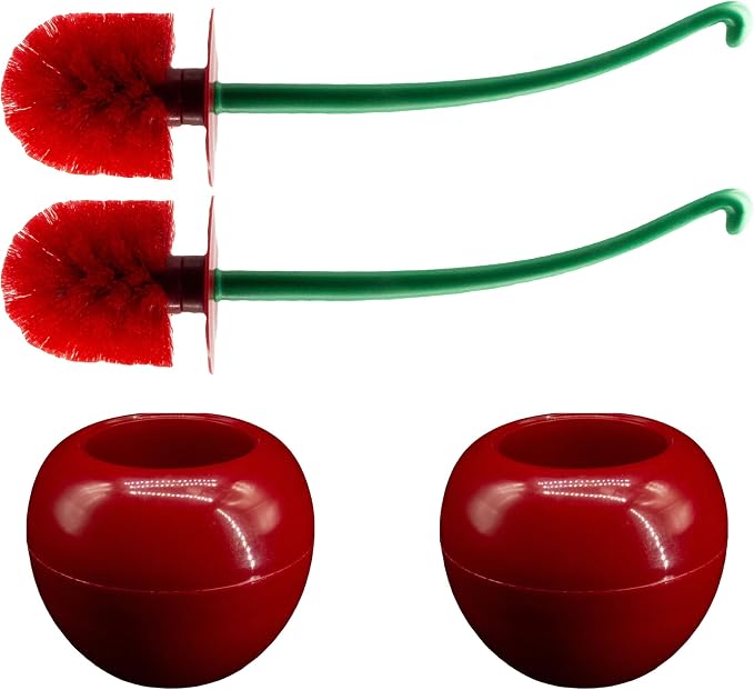 Cherry Toilet Brush Set, Cute Standing Toilet Bowl Brush and Holder Long Handle, Pack of 2, Red
