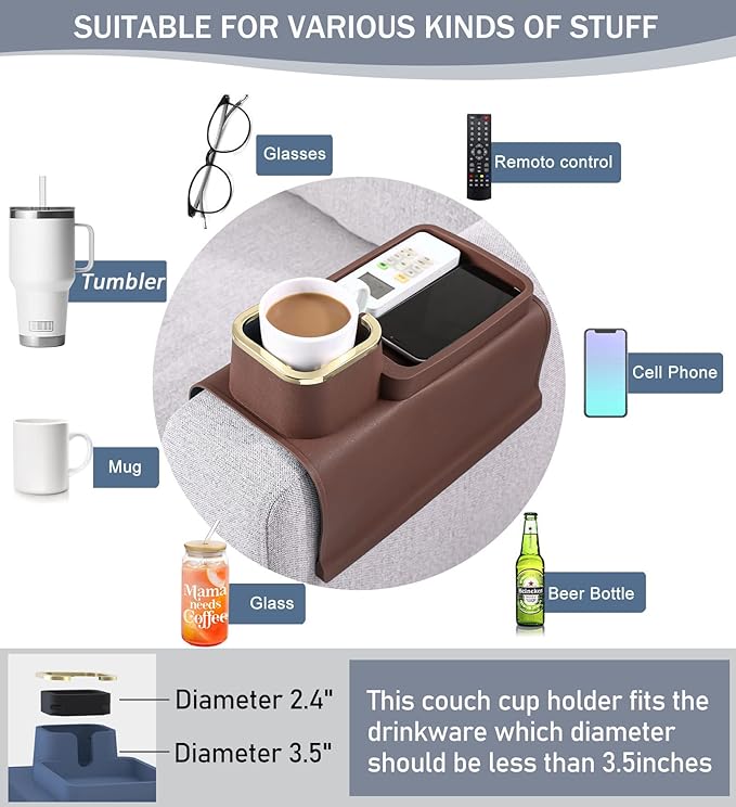 HMASYO Couch Cup Holder Tray - Silicone Sofa Armrest Table Couch Drink Holder and Tray Organizer for Remote Snacks Cellphone, Anti-Spill Anti-Slip Design, Gifts for Family Mom Dad Grandma