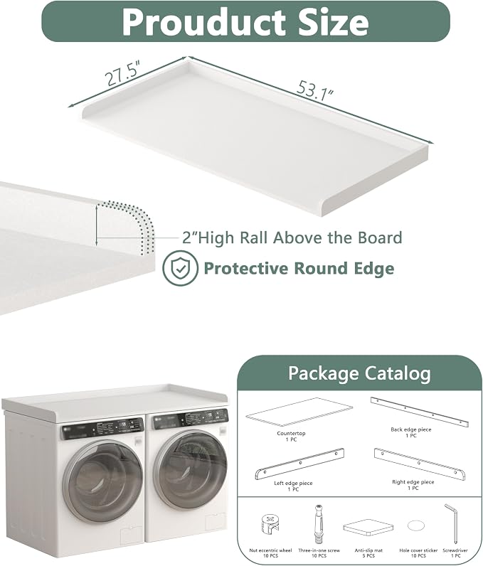 Piskyet Washer Dryer Countertop,Laundry Countertop with Edge Rails,27.5" Depth x 54" Wood Countertop for Washer Dryer,Laundry Machine Topper for Laundry Room Organization (White)