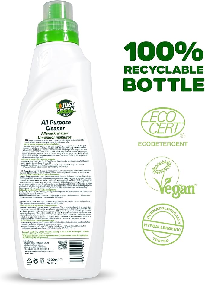 All Purpose Cleaner Spray, Plant-Based Multi-Surface Cleaner, Non-Toxic, Hypoallergenic, EcoCert Certified, Vegan, 33.8 fl oz (1000 ml)