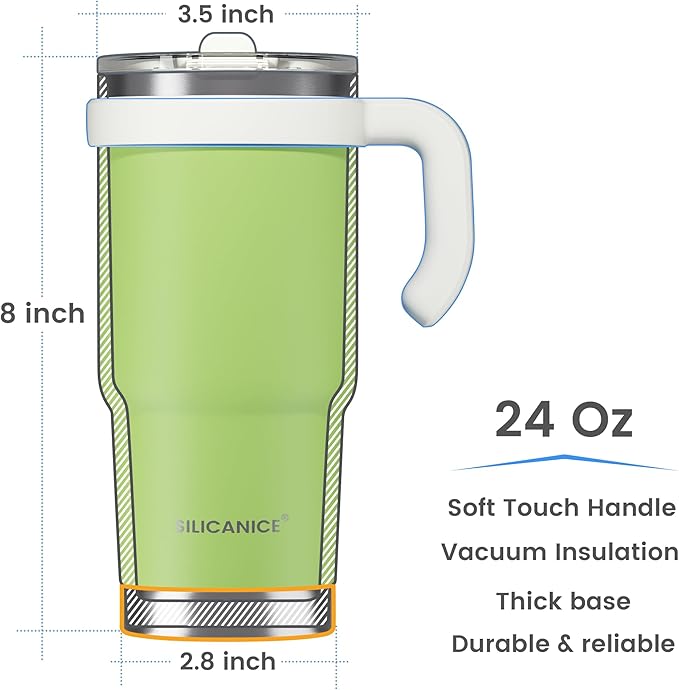 24oz Hygienic Insulated Tumbler with Handle —100% Leakproof Lid with Removable Spout & Straw, Reinforced Vacuum-Protection Base, Cup Holder Friendly, for Travel,Office & School-Key Lime