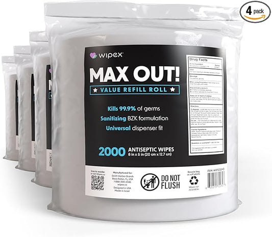 Wipex Max Out Sanitizing Wipes for Fitness Centers - 2000 Wipes Per Roll, Pack of 4, Economy Size Refill Rolls for Dispensers, 5"x8" - Ideal for High Volume Commercial Gyms, Schools & Studios