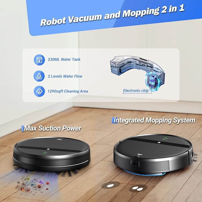 Kilgone Robot Vacuum and Mop Combo, Ultra Slim, Smart 3D Obstacle Avoidance, Tangle-Free Robotic Vacuum Cleaner for Pet Hair, Hard Floor & Carpet, App/Alexa/Google Control