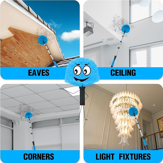 15FT Reach Cobweb Duster with Extension Pole - Spider Web Brush for Cleaning with 3-12FT 4-Section Flip-Lock Telescopic Pole, Effortlessly Cleans High Indoor & Outdoor Webs