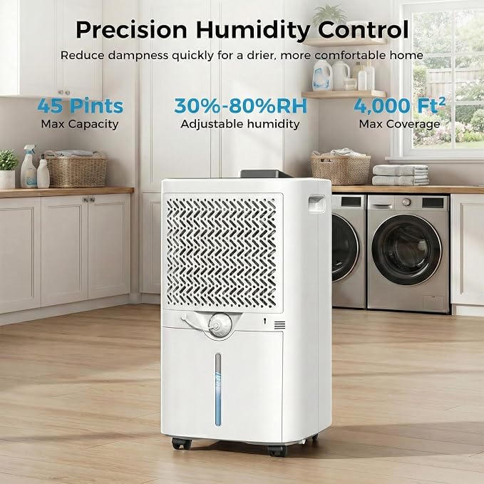 4000 sq.ft Dehumidifier for Basement, Trazico 45 Pint Dehumidifiers for Home with Drain Hose, Smart Humidity Control, 24H Timer, Auto Defrost, Ideal for Large Room, Bathroom, Bedroom, Garage, Black