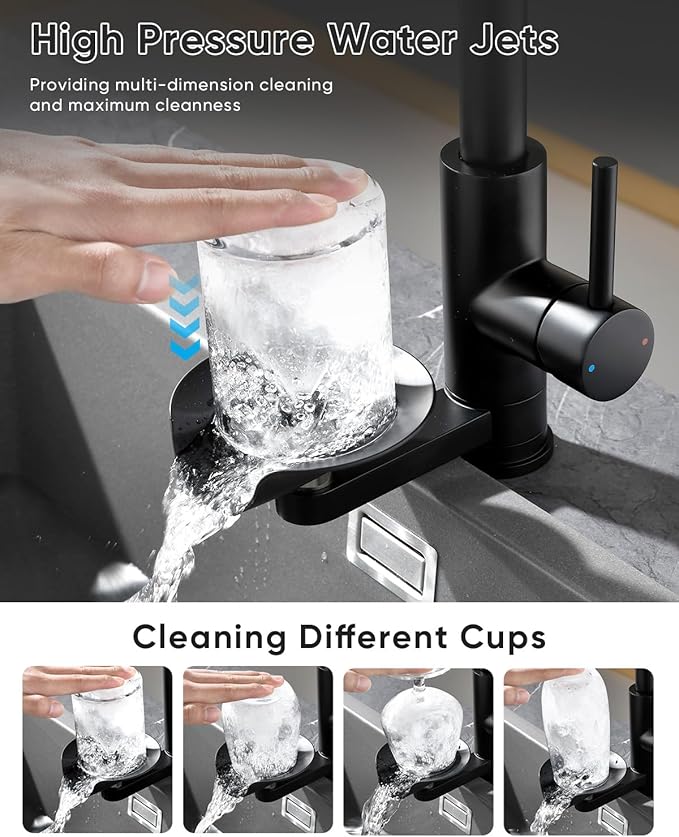 Kitchen Faucet with Cup Washer Pull Down Sprayer Stainless Steel Kitchen Sink Faucet with Deck Plate Glass Rinser Single Hole Black 3307R