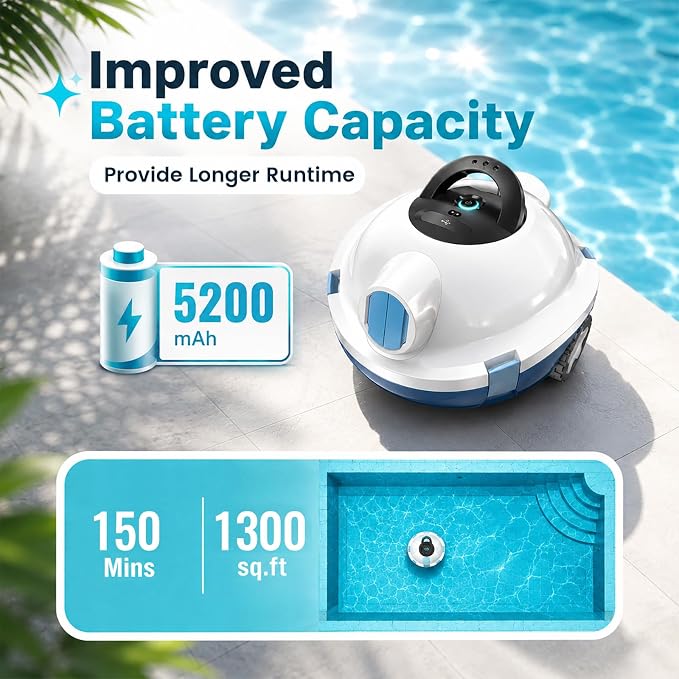 Y10 Robotic Pool Cleaner,Cordless Pool Vacuum with 150 Mins Runtime,High Efficiency Dual Suction Power,Self-Parking&Smart Navigation for Above-Ground & Flat Inground Pools up to 1300 sq.ft (White)