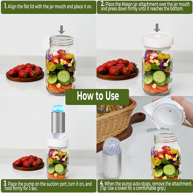 Automatic Mason Jar Sealer Kit – Vacuum Seal in 10S, Auto Stop, Compact Handheld Vacuum Sealing Machine for Canning Jars, Wide & Regular Mouth, 2 Sous Vide Bags. VP04-masonsets