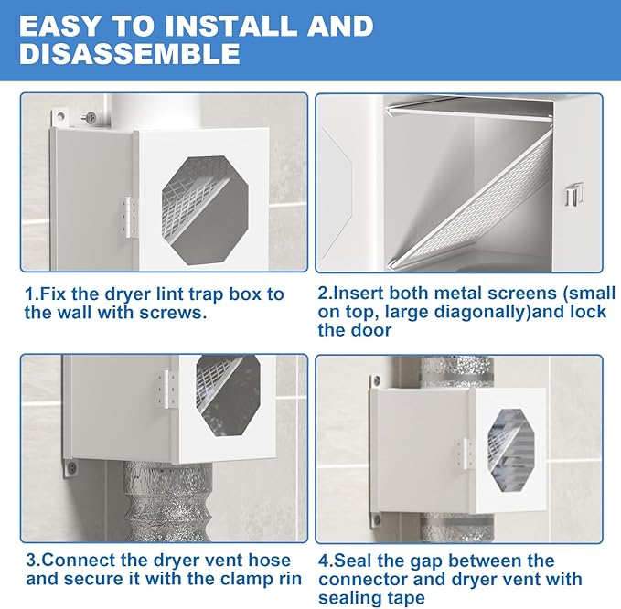 Upgraded Metal Dryer Duct Lint Trap Indoor Dryer Vent Kit - 4 Inch Dryer Vent Hose With 2 Hose Clamps 2 Stainless Steel Mesh Aluminum Foil Tape Cleaning Brush For Electric Dryers