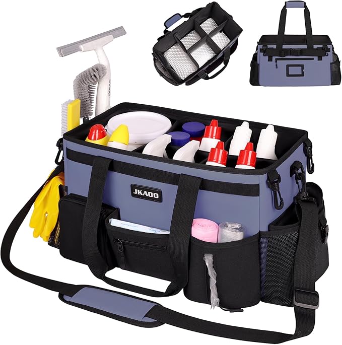 JKAOO Large Wearable Cleaning Caddy Bags,Cleaning Supplies Storage Bag with Handles and Adjustable Shoulder Strap and Removable Waist Straps,Waterproof Cleaning Bags for Home,Car,Office (Denim Blue)