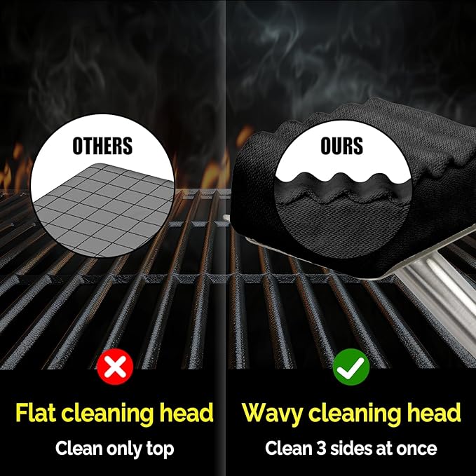 Bristle-Free Grill Brush – Upgraded Aramid Fiber Wavy Pad. Safe for Cast Iron, Porcelain, Weber Gas & Charcoal Grills. Replaceable Head – Perfect for Outdoor Grill Cleaning.