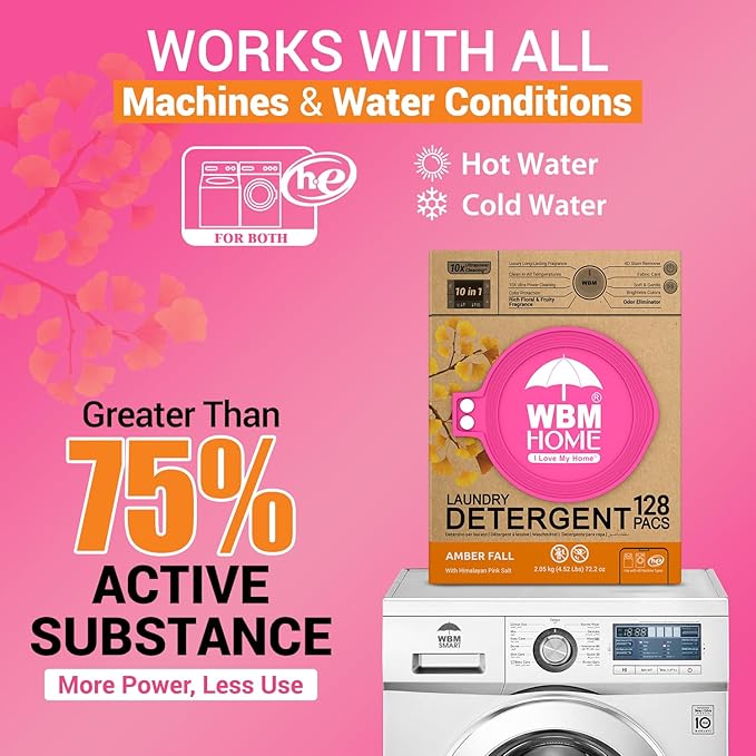 WBM Home Laundry Detergent Pods, Total 128 Count | Amber Fall Fragrance | 10 in 1 Laundry pods Detergent Ultra Power Cleaning with Plant-Based Scent, Extra Protection With 4D Stain Remover