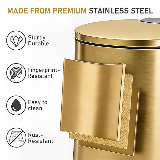 SIMPLYKLEEN Bathroom Trash Can with Lid - 2PC 1.3 Gallon/ 5L Oval Small Trash Can with Soft-Close Lid, Foot Pedal, Brushed Stainless Steel, Removable Liner, Garbage can for Kitchen, Office, Home Gold
