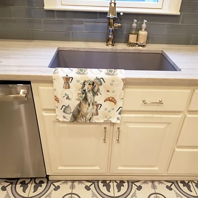 Caroline's Treasures Grizzle Saluki Coffee Bar Kitchen Towel Velour Plush Front and Cotton Loop Back Machine Washable