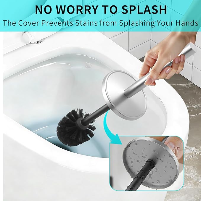 Brushed Nickel Toilet Brush and Holder Set,304 Stainless Steel Toilet Brush for Bathroom with Long Handle, Heavy Duty Toilet Bowl Brush,Removable Inner Bowl and Splash Protection,Deep Cleaning