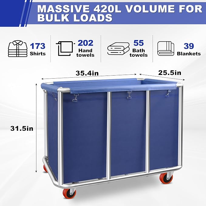 420L Commercial Rolling Laundry Cart with Wheels, 440 Lbs Heavy Duty Stainless Steel Frame Hamper, Extra Large Laundry Basket with Removable Waterproof Liner Bag for Hotel, Hospital & Dorm, Blue