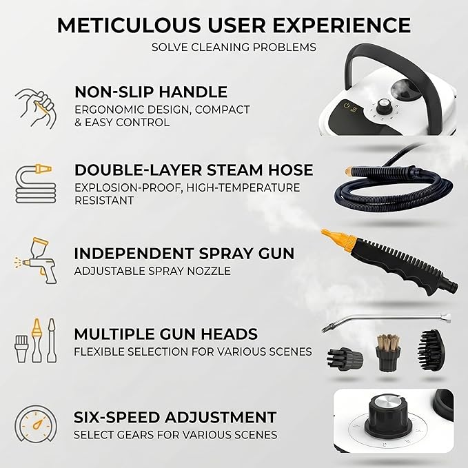2500w Handheld High-Temperature Pressurized Steam Cleaner High Pressure Temperature Multi Purpose Heavy Duty Portable with Attachments for Car Engine Home Multi-surface 1000ml(White)