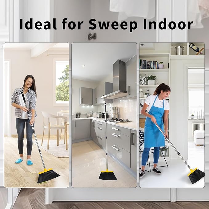 Tiumso Broom with Dustpan Combo Set, Brooms and Dustpans Sets with 51'' Long Handle, Large Dust Pan and Broom, Self-Cleaning Dustpan Teeth for Lobby Kitchen Office - Black and Yellow