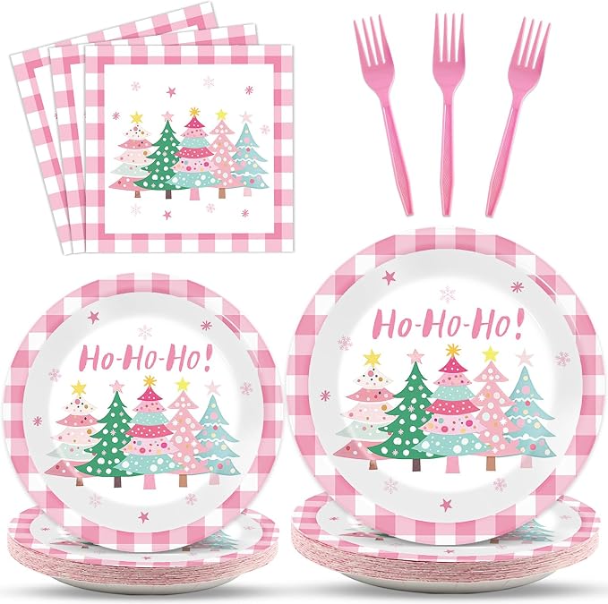CHUNNIN 96Pcs Pink Christmas Trees Paper Plates and Napkins Xmas Watercolor Party Decorations Pink Xmas Trees Disposable Tableware Set for Kids Girls Winter Holiday Birthday Home Party Supplies