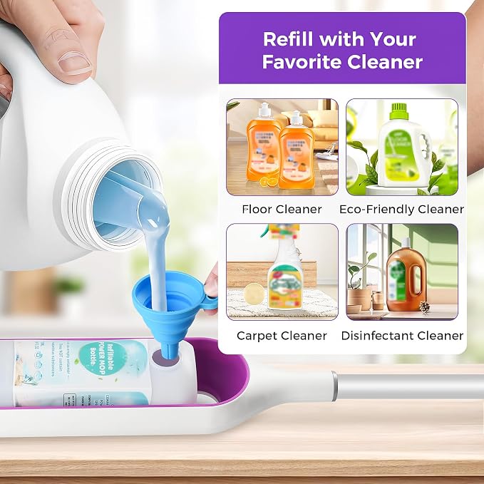 Refillable Bottle for Swiffer® Power Mop™ - 720 ML/24 FL OZ - Leak-Proof HDPE Material Solution Bottle, 2 Empty Bottle + 14 Silicone Pads + 1 Funnel, Easy Install for Use with Any Cleaning Solution