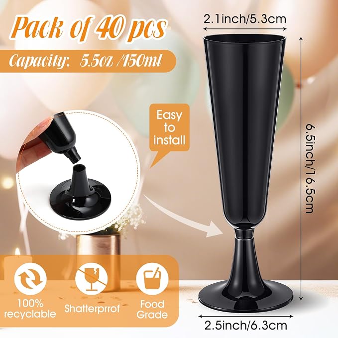 Domensi 200 Pack Black Champagne Flutes Bulk Plastic Disposable Champagne Glasses 5.5 oz Plastic Mimosa Glasses Wedding Cocktail Cups for Engagement Birthday Graduation Decor 2026 Party Supplies