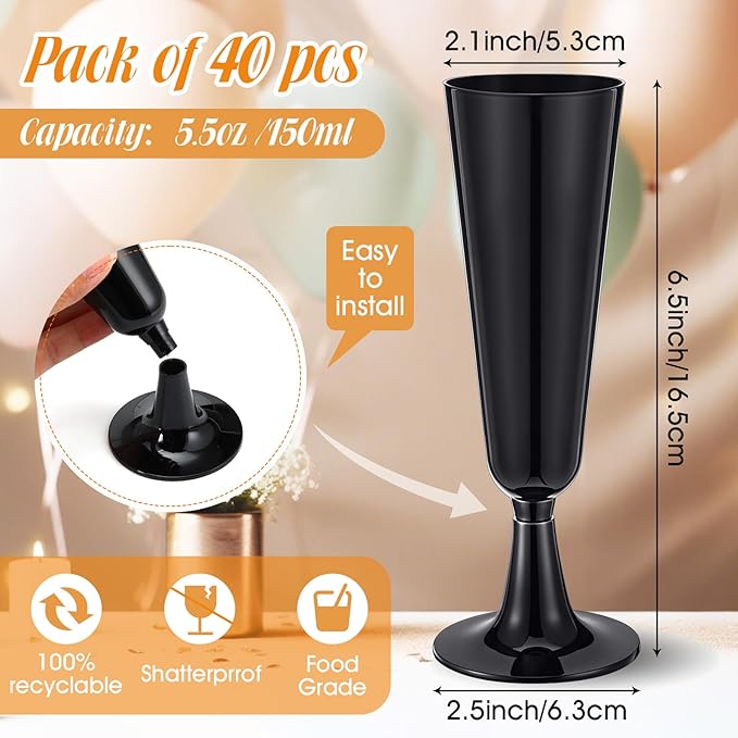 Domensi 40 Pack Black Champagne Flutes Bulk Plastic Disposable Champagne Glasses 5.5 oz Plastic Mimosa Glasses Wedding Cocktail Cups for Engagement Birthday Graduation Decor 2026 Party Supplies