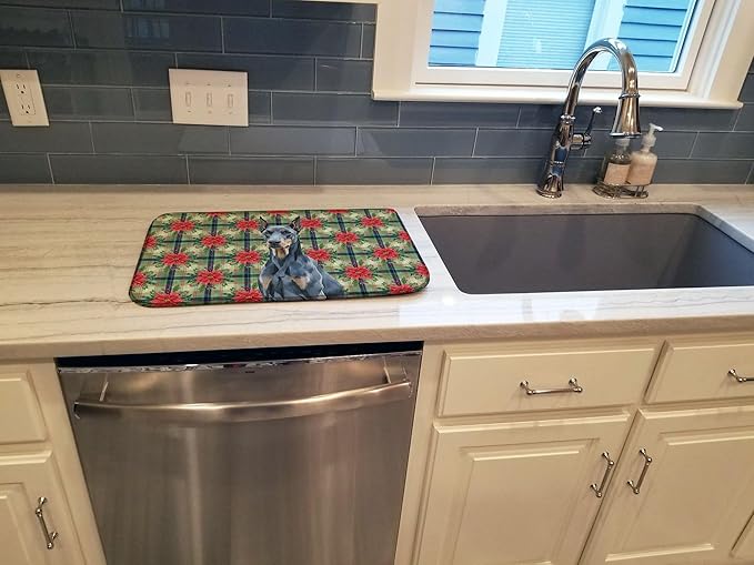 Caroline's Treasures Blue Doberman Pinscher Christmas PoinsettIas Dish Drying Mat Absorbent Dish Drying Mat Pad for Kitchen Counter Dish Drainer Mat for Countertop, 14 x 21", Multicolor