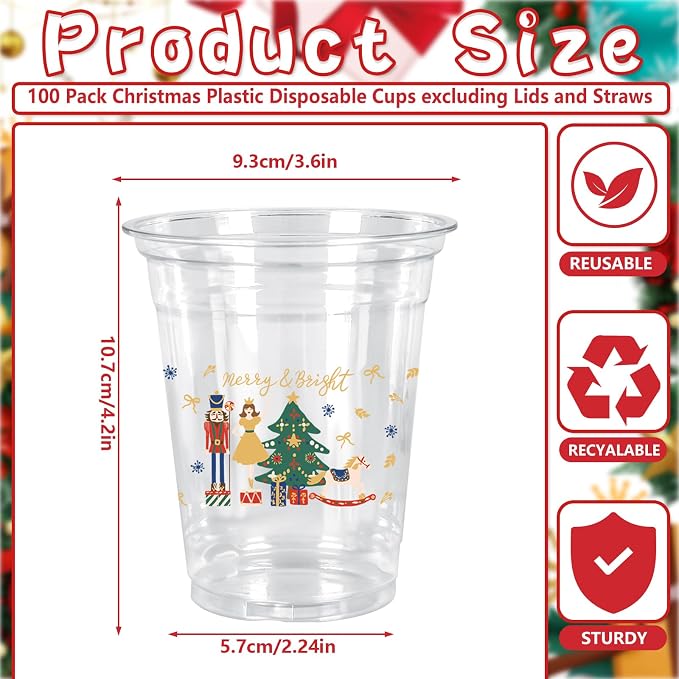 JarThenaAMCS 100 Pcs Christmas Plastic Cups 4 Styles Cartoon Nutcracker Clear Disposable Drinking Cup for Winter Holiday Xmas Party Favor Supplies, 12 Oz