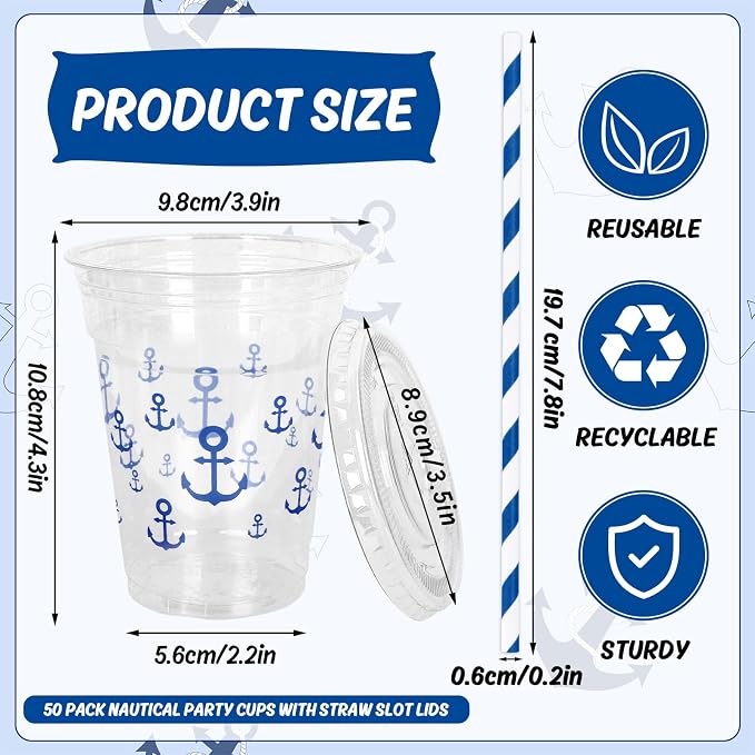 Whaline 50 Pcs 12 Oz Nautical Disposable Plastic Cups with Lids and Straws Navy Blue Anchor Cold Beverage Drinking Cup for Ocean Birthday Summer Party Supplies