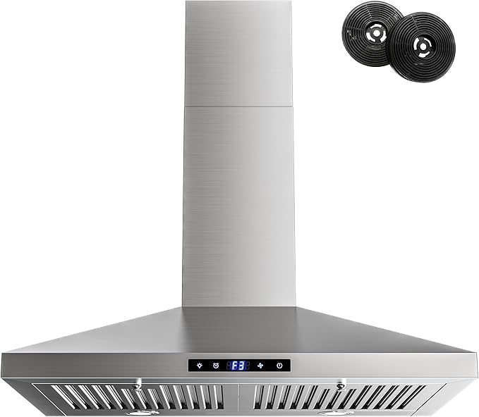 FIREGAS Range Hood 30 inch, Wall Mount Kitchen Hood in Stainless Steel With Ducted/Ductless Convertible, Stove Vent Hood with Permanent Filters, 3 Speed Exhaust Fan, LED Lights, Touch Control