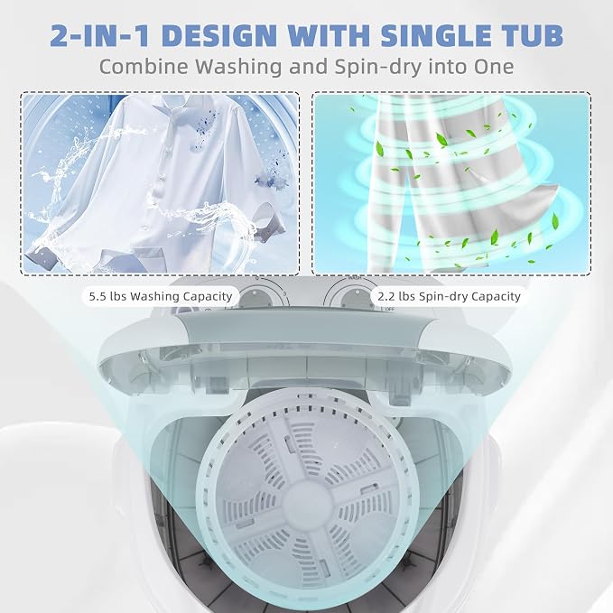 Elevon Mini Spin Dryer Portable Washing Machine, Compact Laundry for Home, Apartment, RV, Gray