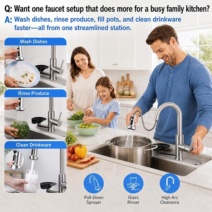 Kitchen Faucet with Glass Rinser, Pull Down Sink Faucet with 3 Spray Modes and High Pressure Glass Rinser, Single Hole 2 in 1 High Arc Stainless Steel Kitchen Faucets (Brushed Nickel)