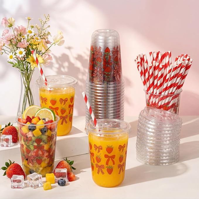 Rtteri 50 Sets Strawberry Plastic Cups with Lids and Straws 16 oz Red Bow Strawberry Disposable Cups Bulk Clear Drinking Cup for Berry First Birthday Baby Shower Party Decoration Supplies