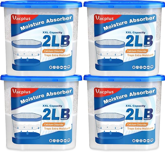 Vacplus Moisture Absorber Buckets – Large Capacity Dehumidifier and Humidity Absorber for Closet, Basement, Bathroom, RV, and Storage Areas, Unscented, 2 lbs, 4 Pack