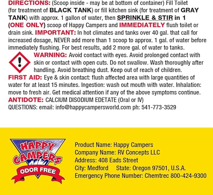 Happy Campers RV Toilet Treatment - Powerful Odor Control, Long-Lasting RV Tank Treatment - Prevents Clogs, Buildup, Sensor Failure - Keeps Holding Tank Clean & Healthy, Odor Free (18 Treatments)