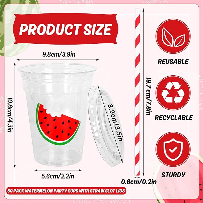 Whaline 50Pcs Watermelon Disposable Plastic Cups with Lids and Straws 12 Oz Red Watermelon Cold Beverage Drinking Cups for Summer Fruit Birthday Party Supplies