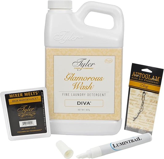 Tyler Candle Laundry Detergent Glamorous Wash, Diva 32 oz Bundle with Tyler Candle Mixer Melts, Autoglam Freshener, and Stain Remover Pen, (32111)