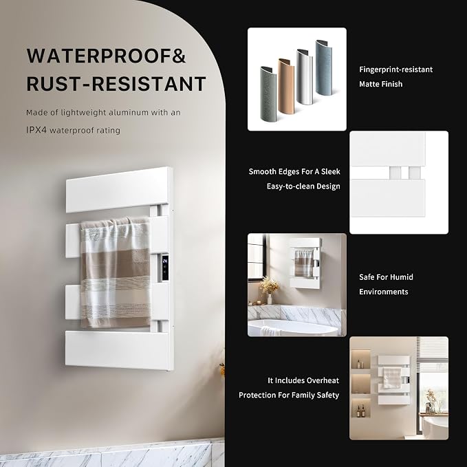 Electric Towel Warmer with Smart LED Timer, Modern [2/3/4] Bar Large Panel Heated Towel Rack, Wall-Mounted Plug-in/Hardwired 2-in-1, Rapid Warmth for Bathrooms, [Matte Black/Alpine White]