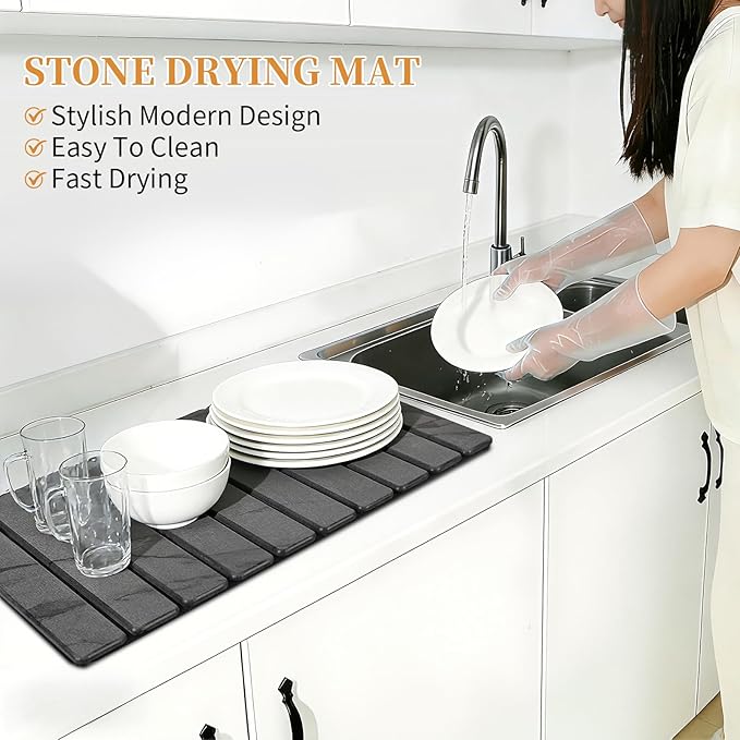 Stone Dish Drying Mat for Kitchen - Upgrade Kitchen Counter Mats Quick Dry for Dishes Cups - Foldable Super Absorbent Diatomaceous Earth Drying Coasters No Water Stains (24"×16"/ 8"x4")