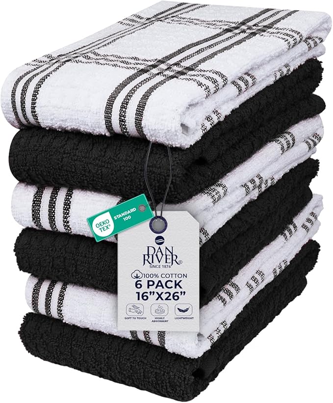 DAN RIVER Premium Black Kitchen Towels - [Pack of 6] 100% Cotton (16x 26 Inches) -Super Soft, Highly Absorbent Hand Towels, Quick Dry, Dish Towels, Tea and Bar Towels Set