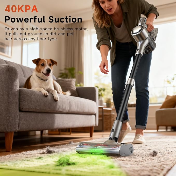 Cordless Stick Vacuum Cleaner - Rechargeable,40Kpa Powerful Suction Vacuum for Home,45Mins Runtime,Detachable Battery,Anti-Tangle, 8 in 1 Lightweight Vacuum for Pet Hair Carpet Hardwood,Silver