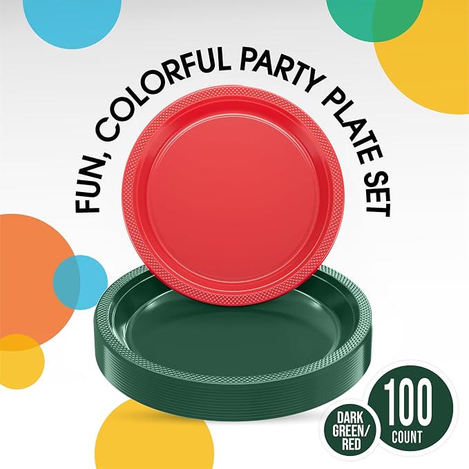 Exquisite Party Solids Green & Red Plates Disposable Green & Red Plastic Plates 100 Pieces - 50-7" & 50-9" Heavy Duty 350 GSM Disposable Dinnerware Sets, Plastic Dinnerware Sets