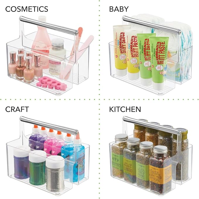 mDesign Plastic Shower Caddy Storage Organizer Utility Tote, Divided Basket Bin - Metal Handle for Bathroom, Dorm, Kitchen, Holds Soap, Shampoo, Conditioner - Aura Collection - Clear/Chrome