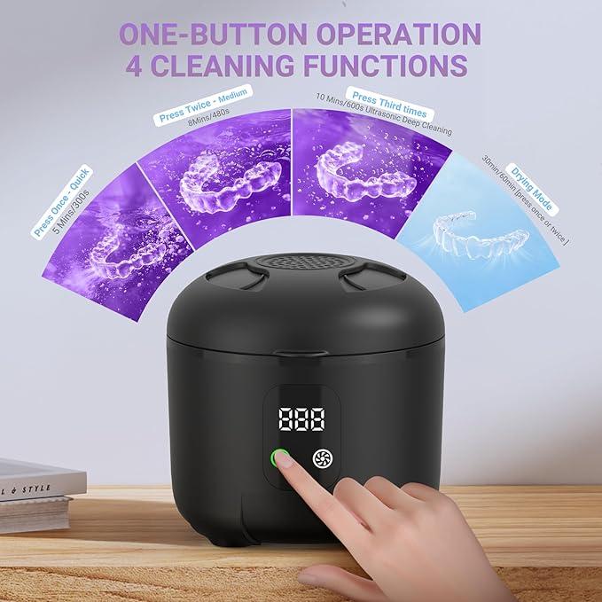 Ultrasonic Retainer Cleaner 25W Portable Ultrasonic Denture Cleaner Multi-Mode 45KHz with Drying and Removable Inner for Dental Trays, Braces, Jewelry, Toothbrushes, Mouth Guards, Aligners,Ring Black