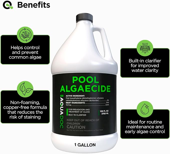 AquaDoc Liquid Algaecide for Swimming Pools - 128 oz - Treats Up to 10,000 Gallons - Non-Foaming, Copper-Free Formula for Pool Algae Control with Built-in Clarifier - Made in USA