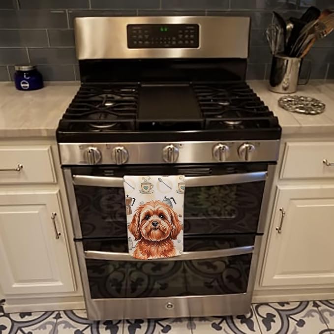 Caroline's Treasures Red Lhasa Apso Coffee Bar Kitchen Towel Velour Plush Front and Cotton Loop Back Machine Washable