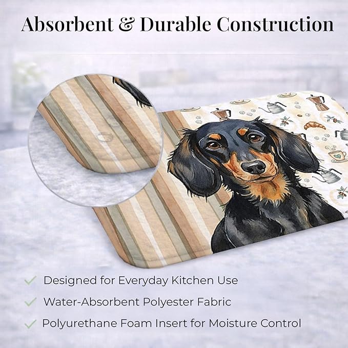 Caroline's Treasures Longhaired Black and Tan Dachshund Coffee Bar Dish Drying Mat Absorbent Dish Drying Mat Pad for Kitchen Counter Dish Drainer Mat for Countertop, 14 x 21", Multicolor