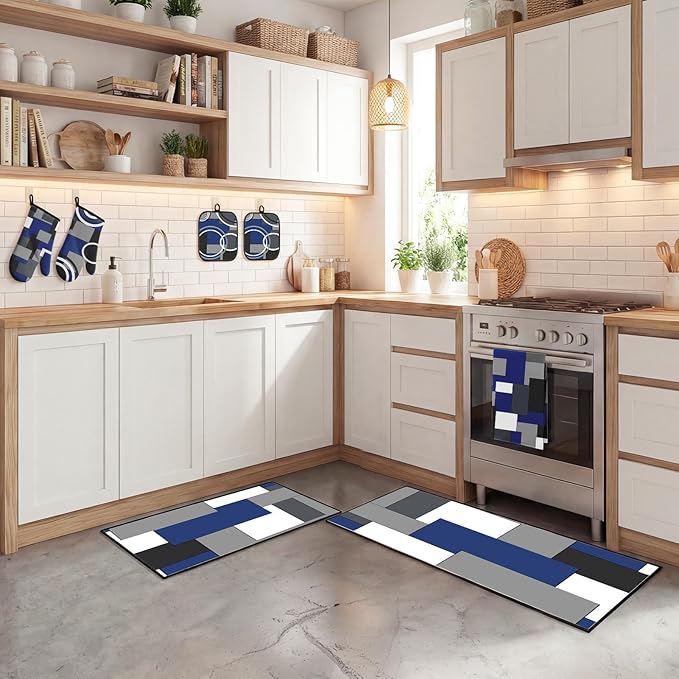 10 Pcs Navy Blue Kitchen Decor and Accessories Set, 4 Dish Towels Kitchen Rugs 2 Oven Mitts 2 Pot Holders, Home Decor for Cooking Baking BBQ Gifts Women Mom Housewarming