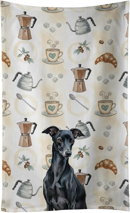 Caroline's Treasures Black Italian Greyhound Coffee Bar Kitchen Towel Velour Plush Front and Cotton Loop Back Machine Washable