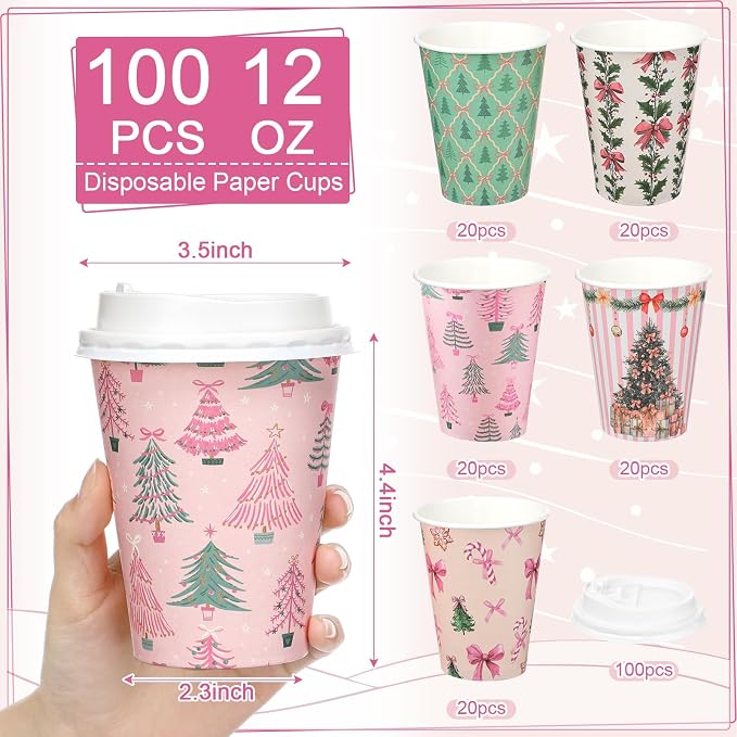 Gerrii 100 Set Christmas Paper Cups Disposable 12 oz with Lids Hot Chocolate Coffee Cups for Hot and Cold Drinks Tea Water Bar Supplies Holiday Winter Season (Pink Bow)